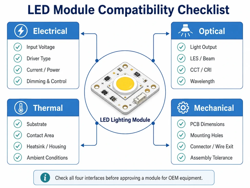 LED module compatibility checklist showing electrical optical thermal and mechanical interfaces for OEM equipment