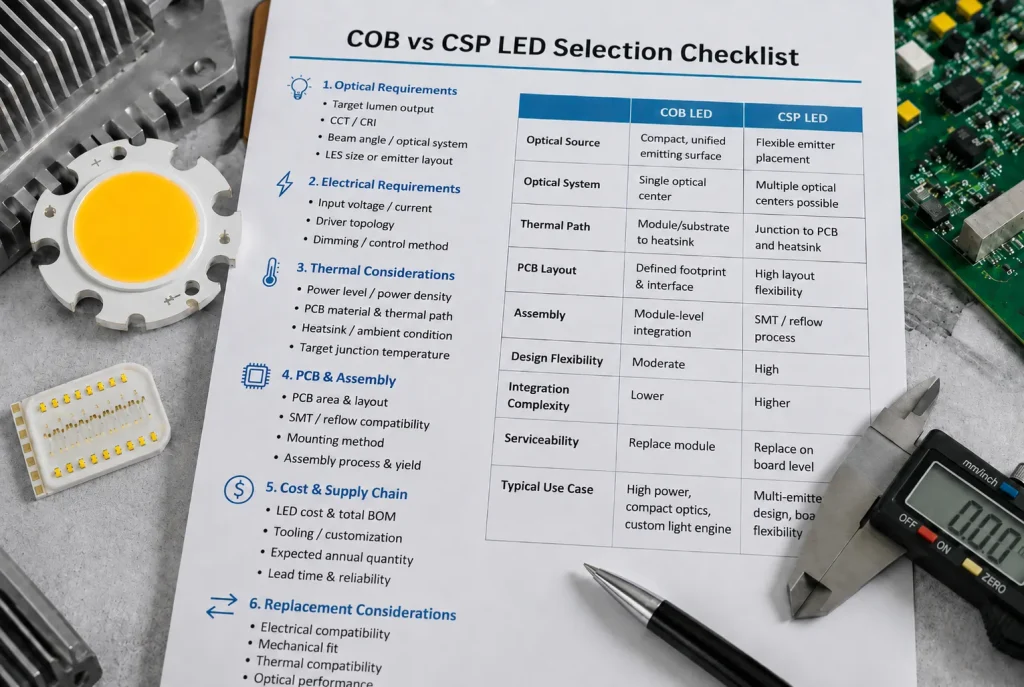 COB vs CSP LED selection checklist for OEM lighting showing optical, thermal, PCB, and assembly comparison