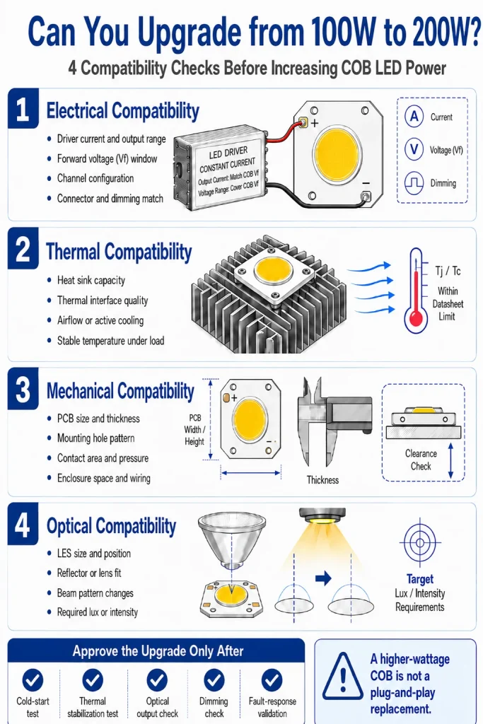 Infographic showing electrical, thermal, mechanical, and optical checks before upgrading a high power COB LED from 100W to 200W