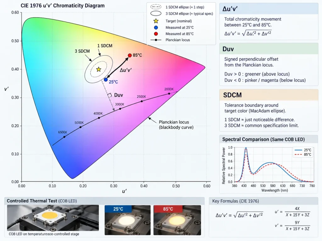 CIE 1976 u'v' chromaticity diagram showing COB LED color shift from 25°C to 85°C with Δu'v' movement, Duv tint shift, and SDCM tolerance ellipse analysis