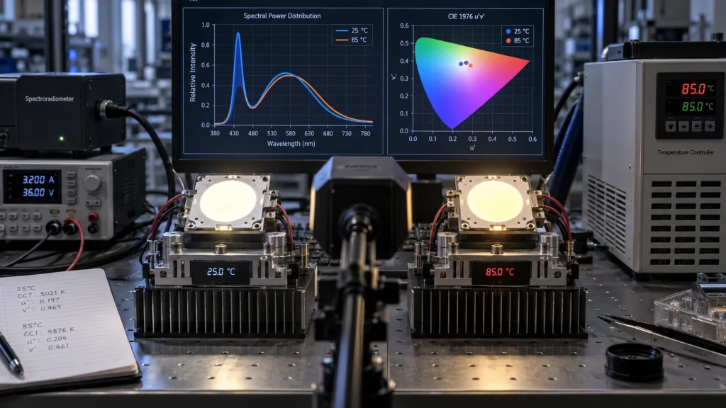 COB LED Color Shift at Operating Temperature Understanding Δu'v', Duv, and SDCM from 25°C to 85°C