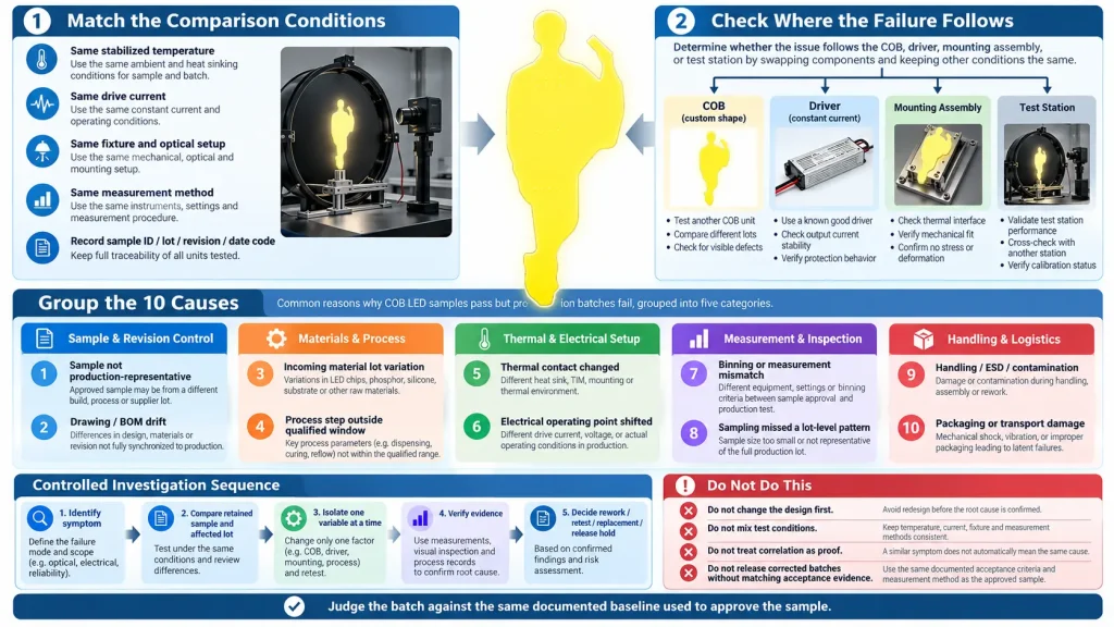 COB LED production batch failure investigation infographic showing 10 potential causes, sample comparison conditions, quality control checks, and root cause analysis