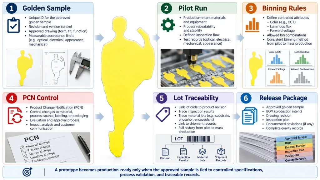 Custom COB LED prototype-to-mass-production workflow infographic showing golden sample approval, pilot runs, binning rules, PCN control, lot traceability, and production release