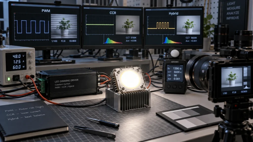 PWM vs CCR vs Hybrid Dimming for High-Power COB LEDs Flicker, Camera Banding, Color Shift and Efficiency