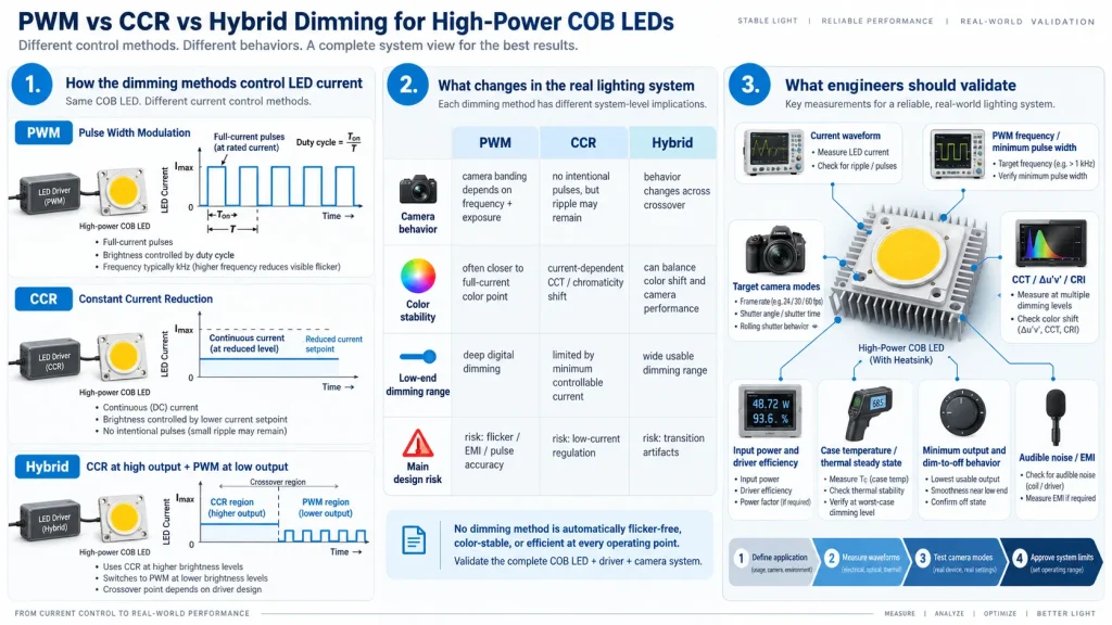 PWM vs CCR vs hybrid dimming for high-power COB LEDs showing current waveforms, camera behavior, color stability and system validation parameters