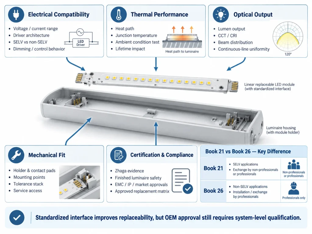 Replaceable linear LED module compatibility factors for Zhaga Book 21 and Book 26 OEM lighting design